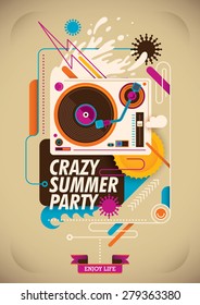 Summer party poster with turntable. Vector illustration.