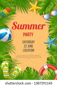 Summer party poster vector design with colorful beach elements. Vector illustration