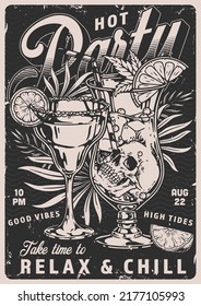 Summer Party Poster Vintage Monochrome Two Exotic Cocktails In Transparent Glasses With Ice And Fruit For Hot Rave Vector Illustration