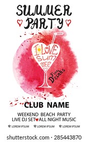 Summer party  poster with watercolor red  texture splash,spot,drops, typographic glass with lettering,sun. Vector illustration. Vintage  invitation card design.Hand drawing style