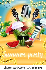 Summer party, poster with watermelon in sunglasses, strawberry cocktail in coconut, beach chair, microphone, guitars and tropical background