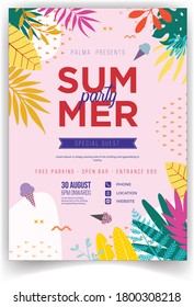 Summer Party Poster/Flyer/Banner Vector Illustration, Summer Time Typographical Background With Tropical Plants And Flowers