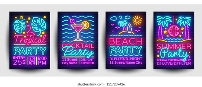 Summer party posters collection neon vector. Summer party design template, bright neon brochure, modern trend design, light banner, typography invitation to the party, advertising postcard. Vector
