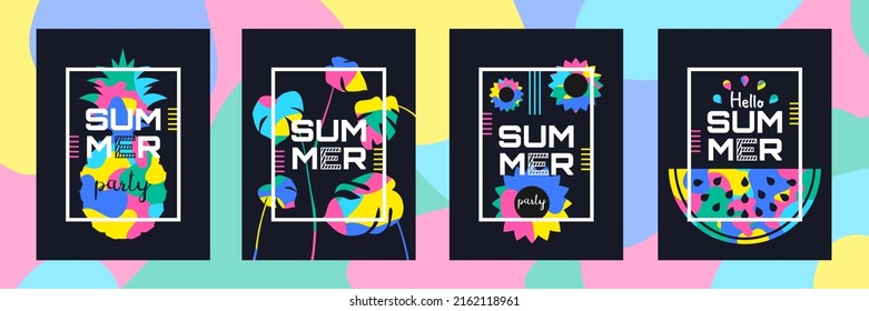summer party posters design set  with abstract shapes pineapple watermelon flowers leaves vector illustration
