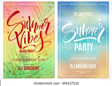 Summer party posters. Hand written lettering with exotic palm leaves and plants background. Brush painted letters, modern calligraphy, vector illustration.