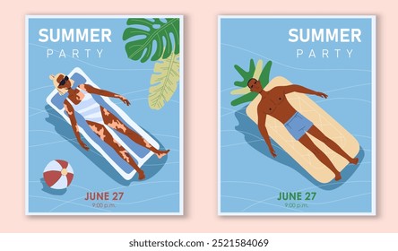 Summer party posters set. Man and woman at floating matress in swimming pool. Hot weather in summertime. Holiday and vacation. Flat vector collection isolated on beige background