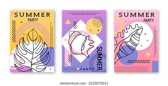 Summer party posters set. Tropical and exotic leaves. Minimalist creativity and art. Organic patterns and curved lines. Social media covers. Linear vector collection isolated on white background