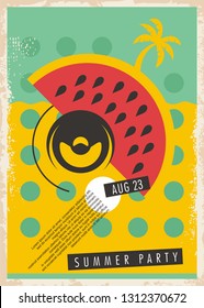 Summer party retro poster design with loud speaker, palm and watermelon. Beach event promo flyer. Vintage vector illustration.