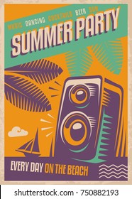 Summer party retro poster design. Beach party poster template with loud speaker, palm tree leaves and tropical beach landscape.