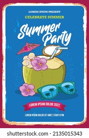 Summer party retro vintage poster with young coconut drink and sunglasses 