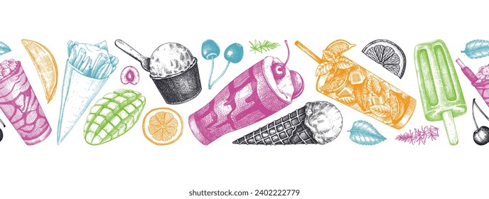 Summer party ribbon. Seamless pattern. Non-alcoholic beverage, mocktail, ice cream, fruit, cocktail sketches. Hand drawn vector illustration. Summer food festival. Tropical design. 