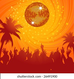 summer party scene with crowd dancing under a sparkling gold disco ball in a swirling sunset sky with palm trees