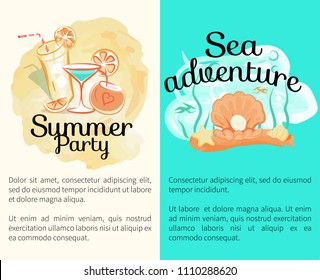 Summer party sea adventures banners set with mix of cocktails, seashell with pearl, tropical marine seagrass and place for text vector illustrations