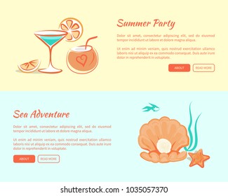 Summer party sea adventures posters set with cocktails, coconut shell with straw, exotic plants and underwater world with star and open sea shell