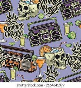 Summer party seamless pattern vintage colorful tequila and cocktail in turtles aperol with lime next to tape recorders vector illustration