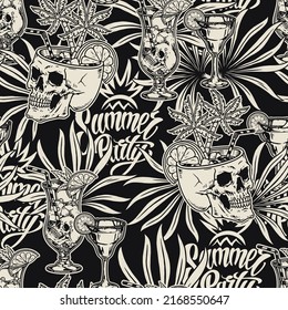 Summer party seamless pattern vintage monochrome tropical drinks and alcoholic cocktails with skulls and palm trees rave hangout vector illustration