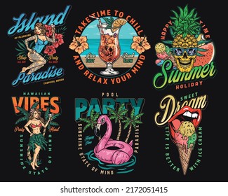 Summer party set colorful posters vintage women in Hawaiian swimwear and food with cocktails for pool or beach vector illustration