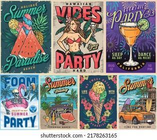 Summer party set colorful vintage flyers beach food and cocktails near woman in bikini and tourist in pool vector illustration