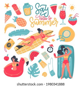 Summer party set of elements, clip art collection. Seaside beach pool party. Young women, drinks, fruits, animals, clothing. Flat colourful vector illustration icon sticker isolated on background.