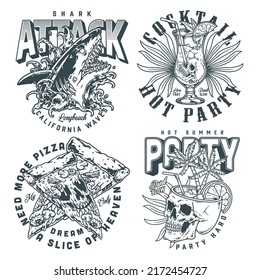 Summer party set elements vintage monochrome tropical booze and snacks with fruit cocktails with skulls or palm trees vector illustration