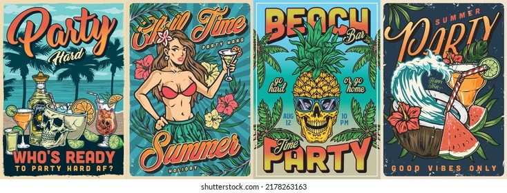 Sommerparty-Flyer bunte Vintage-Strandbar mit alkoholischen Cocktails und Schnaps in der Nähe von Frau einladen Chill-Time Vektorgrafik