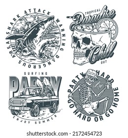 Summer party set flyers monochrome vintage with skulls and attacking sharks for beach hard hangout and cocktails vector illustration