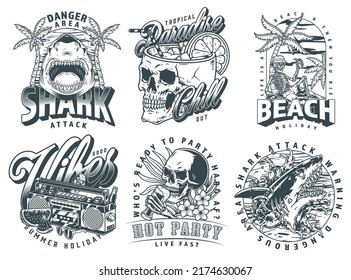 Summer party set flyers monochrome vintage cocktail and skulls with alcohol having fun on beach resort with sharks vector illustration