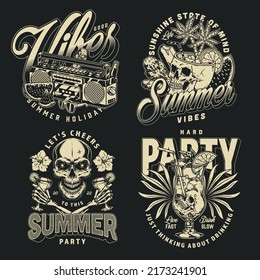 Summer party set logotypes monochrome vintage beach cocktails decorated with skulls to quench your thirst at sunshine resort vector illustration
