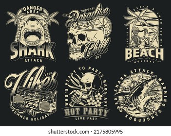 Summer party set monochrome vintage flyers attacking sharks and skulls with booze symbolize hard hangout or bachelor party vector illustration