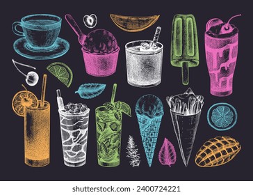 Fiesta de verano. Bebida sin alcohol, cóctel, helado, fruta, bocetos. Ilustración vectorial dibujada a mano. Elementos de diseño tropical estilo neón