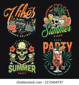Summer party set stickers vintage colorful cocktails with desserts for musical disco on tropical beach with palm trees vector illustration