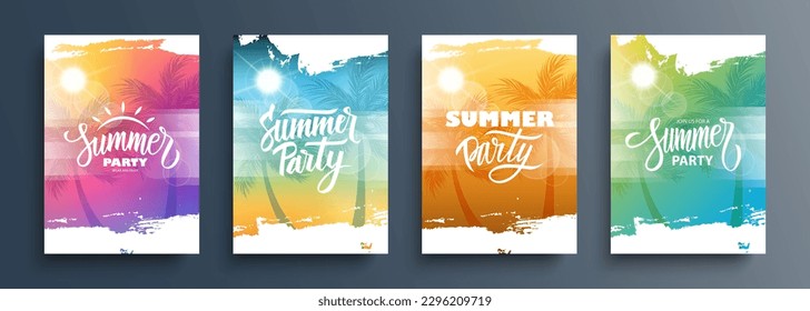 Summer Party Set. Summertime backgrounds with palm trees, summer sun, brush strokes and hand lettering. Vector illustration.