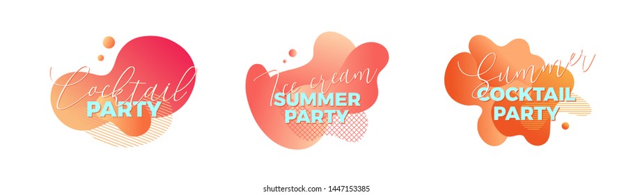 Summer party. Set of trendy abstract design templates with liquid gradient shapes and lettering. Applicable for posters, banners, covers, logos, social posts, presentations. Vector illustration. Eps10