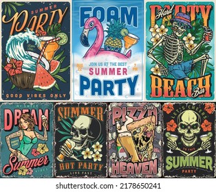 Summer party set vintage colorful posters good vibes by pool or hot beach with booze and Mexican skulls vector illustration