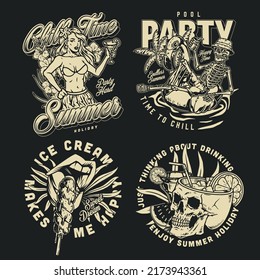 Summer party set vintage monochrome posters skeleton on inflatable flamingo in pool and cold desserts with drinks vector illustration