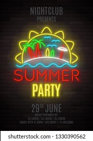 Summer party shining neon poster. Color flyer design with 3d glowing neon elements. Vector illustration with realistic light banner. Invitation to nightclub.