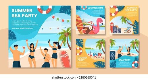 Summer Party Social Media Post Template Flat Cartoon Background Vector Illustration