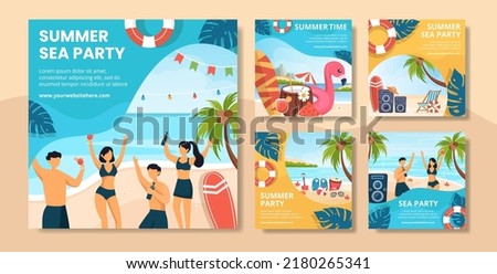 Summer Party Social Media Post Template Flat Cartoon Background Vector Illustration