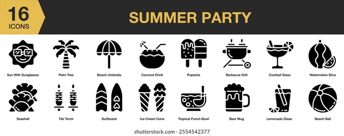 Summer Party solid icon set. Includes palm tree, cocktail glass, popsicle, beer mug, surfboard, seashell, and More. Solid icons vector collection.