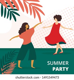 Summer Party Square Banner. Couple Of Young Women Dancing In City Park Outdoors, Girls Performing Or Relaxing, Music Entertainment, Festival Talent Show Flyer, Poster. Cartoon Flat Vector Illustration