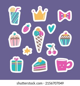 Summer party stickers. Festive collection of desserts, cupcakes with berries, sweets, ice cream corn, cocktail, fruits. Vector hand drawn illustration for greeting, party design.