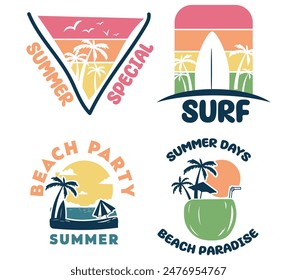 Fiesta de verano, surfeando conjunto de Vector vintage