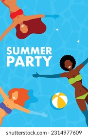 Fiesta veraniega en la piscina de natación - tres chicas bikini de diversidad están nadando en agua azul. Ilustración vectorial moderna para evento de afiches, banner, invitación.
