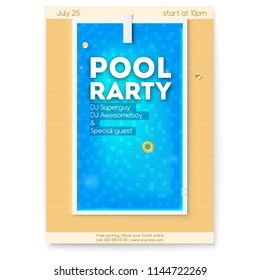 Summer party in swimming pool. Poster with design of text about party. Top view on pool with blue water, inflatable balls, circles and board for jumping into water. Vector template for events.