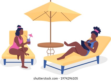 Summer party for teens flat color vector faceless characters. Tanning on backyard. Sisters relaxing together on beach isolated cartoon illustration for web graphic design and animation