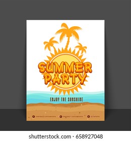 Summer Party Template, Banner oder Flyer Design mit Illustration von Palmen und Meereswellen.