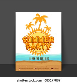 Summer Party Template, Banner or Flyer design with illustration of palm trees and sea waves.