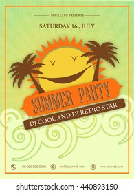 Summer Party Template, Beach Party Banner, Musical Party Flyer oder Invitation Card Design mit kreativen lustigen Sonne und Palmen dekorierten Hintergrund.