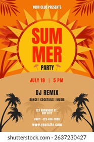 Summer party template poster. Beach party celebration with silhouette of coconut tree. Summer design vector illustration background, invitation, banner, flyer.