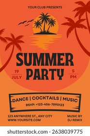 Summer party template poster. Beach party celebration. Sunset, palm, coconut tree, orange. Summer design vector illustration background, invitation, banner, flyer.